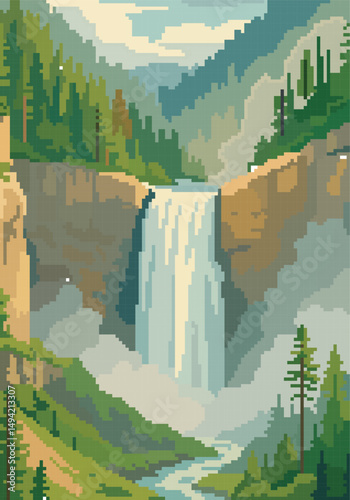 Waterfall scenery pixel art, vector illustration on isolated background.