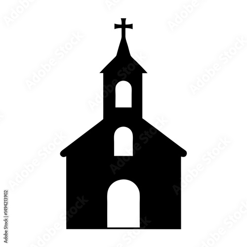 Silhouette of a Church Building with Cross on Top Against White Backdrop