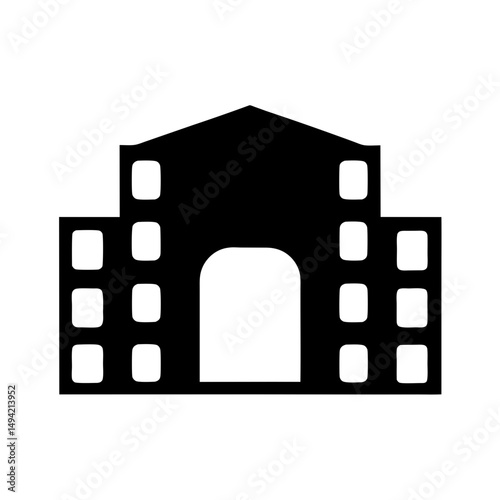 Black and white building silhouette with multiple windows and arched entrance