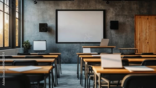 Empty classroom with modern, wooden tables and black chairs, large window, and a blank projector screen