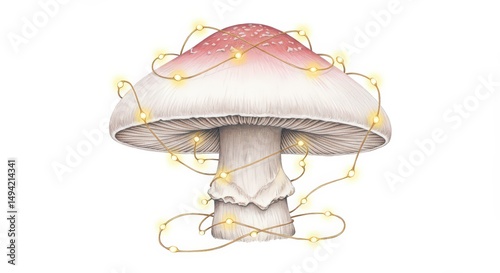 Wallpaper Mural Festive Fungus: A whimsical illustration of a mushroom adorned with fairy lights. Torontodigital.ca