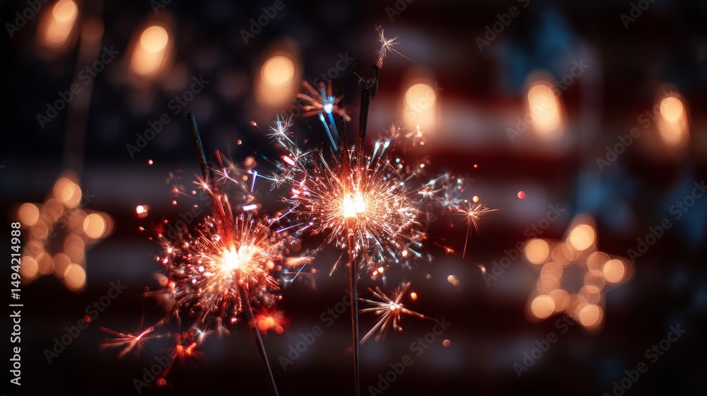 Fototapeta premium Sparkling red, white, and blue sparklers with festive star decorations, celebrating American pride and freedom under a twilight sky. 