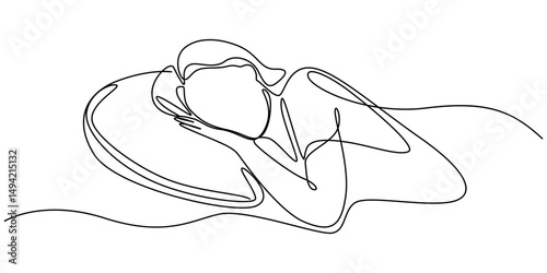 Woman sleeping on pillow bed continuous one line drawing. Sleeping woman in single line art illustration. Editable vector, Continuous single line sketch drawing of woman sleeping on pillow bed.