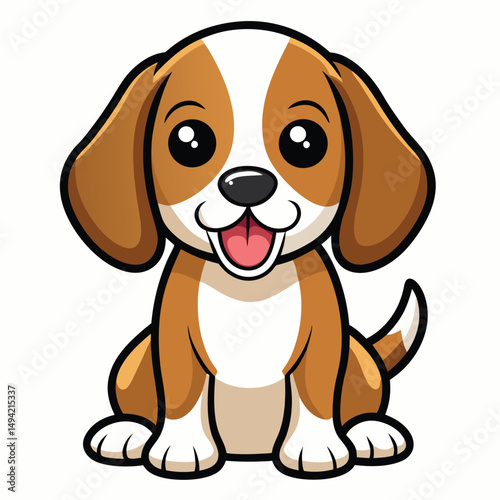 A cheerful beagle puppy with brown and white fur and floppy ears sits with its tongue out a white background