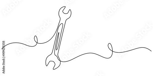 One mechanical wrench for nuts drawn in one continuous line drawing, Labor day wrench tools continuous one line drawing, One mechanical wrench for nuts drawn in one continuous line drawing, Mechanical