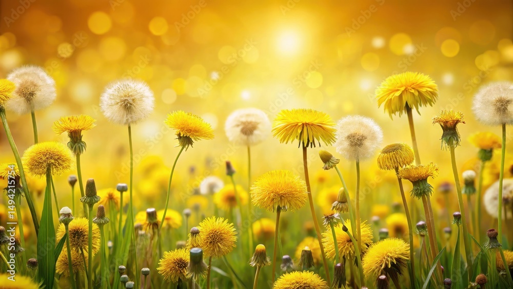 Fototapeta premium Dandelion Field on Yellow Background, vibrant yellow flowers , yellow field