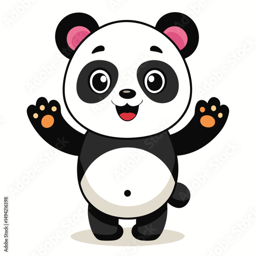 A cute baby panda with a playful expression stands on its hind legs, reaching out with its paws a white background