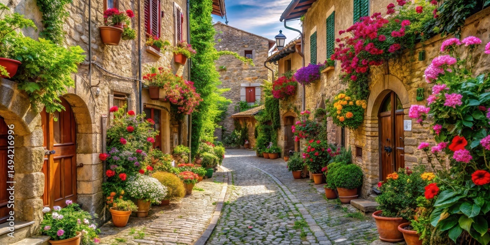 Fototapeta premium Ancient cobblestone street lined with vibrant flowers and lush greenery in a quaint Italian village, village life, italy landscape