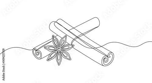 Abstract continuous one single simple line drawing icon of cinnamon sticks and star anise in silhouette sketch on white background.