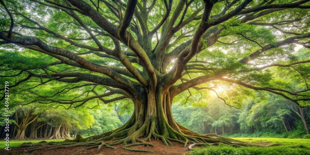 Naklejka premium A large tree stands tall among dense foliage in a serene forest landscape, its massive trunk and sprawling branches a testament to nature's majesty, solitude, wilderness