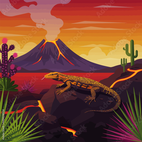 Lizard on Rock with Volcano in Desert Landscape Illustration