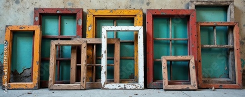 Stack of weathered wooden window frames, various sizes , texture, light