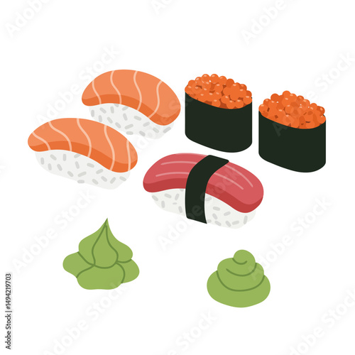 Assorted Sushi Set with Wasabi - Japanese Cuisine Illustration