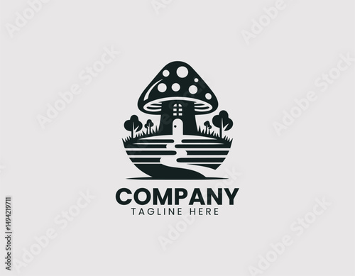 Enchanting Mushroom House in Unique Landscape Vector Logo Design, Charming Mushroom Home in Whimsical Landscape Vector Logo