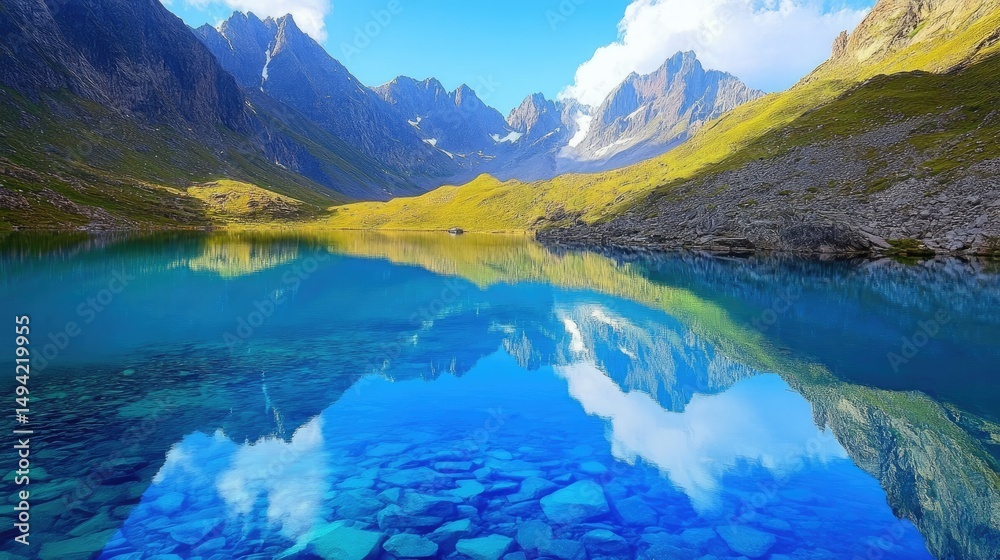 Fototapeta premium Stunning Mountain Landscape with Crystal Clear Lake Reflecting Majestic Peaks and Vibrant Blue Sky Beneath a Few White Clouds in Serene Nature Scene