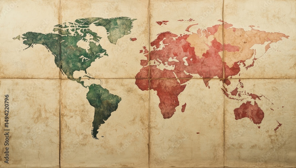 Fototapeta Antique world map, watercolor painted, showing continents in green and red hues on aged paper