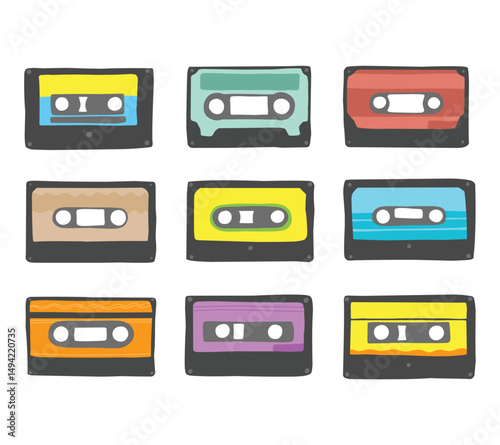 A charming set of hand drawn retro cassette tape illustrations, for nostalgic themes, music artwork, retro posters, and creative journaling designs.