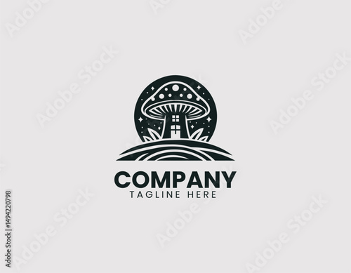 Enchanting Mushroom House in Unique Landscape Vector Logo Design, Charming Mushroom Home in Whimsical Landscape Vector Logo