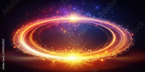 Glowing ring of light hovering above a dark background with a fiery gradient and swirling particles in shades of orange, yellow, pink, and purple, mesmerizing, energy