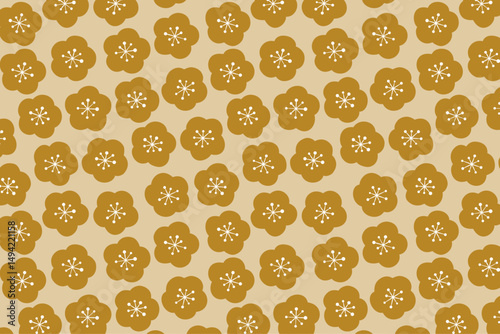 Hand drawn style gold plum blossoms background, Cute Japanese pattern wallpaper, Seamless vector material/手描きの梅の花の背景パターン、かわいい日本の和柄模様、松竹梅