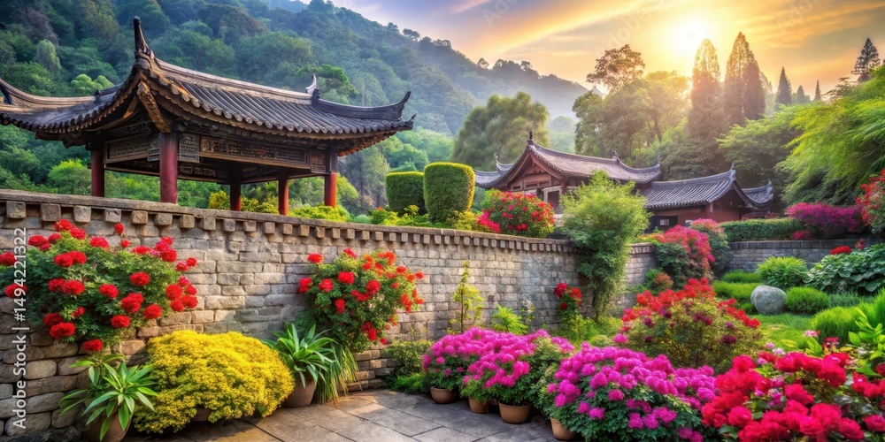 Fototapeta premium Ancient stone wall surrounded by lush greenery and vibrant flowers in a serene landscape, beauty