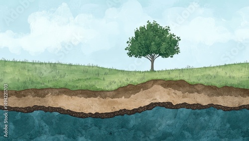 A lone tree stands on a grassy hill, overlooking layered earth and water below