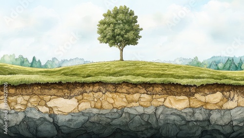 A solitary tree atop a hill, its roots reaching deep into the earth's layers