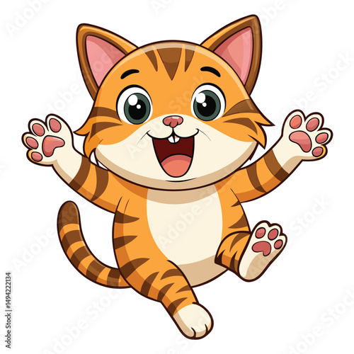 A happy tabby kitten with its mouth open and paws in the air appears to be leaping a white background