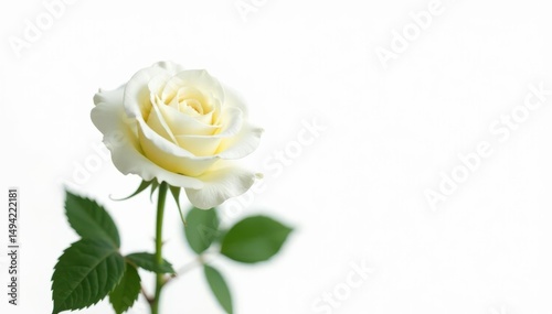 Isolated single white rose blossom against stark white background, close-up, fragile, simple
