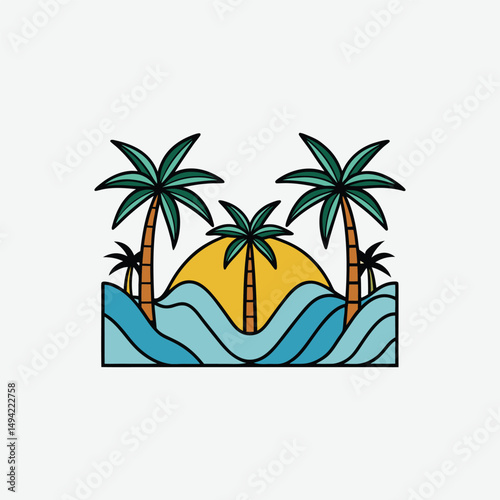 Minimalist Black and White Vector Illustration of Palm Trees, Ocean Waves, and Abstract Tropical Geometric Art