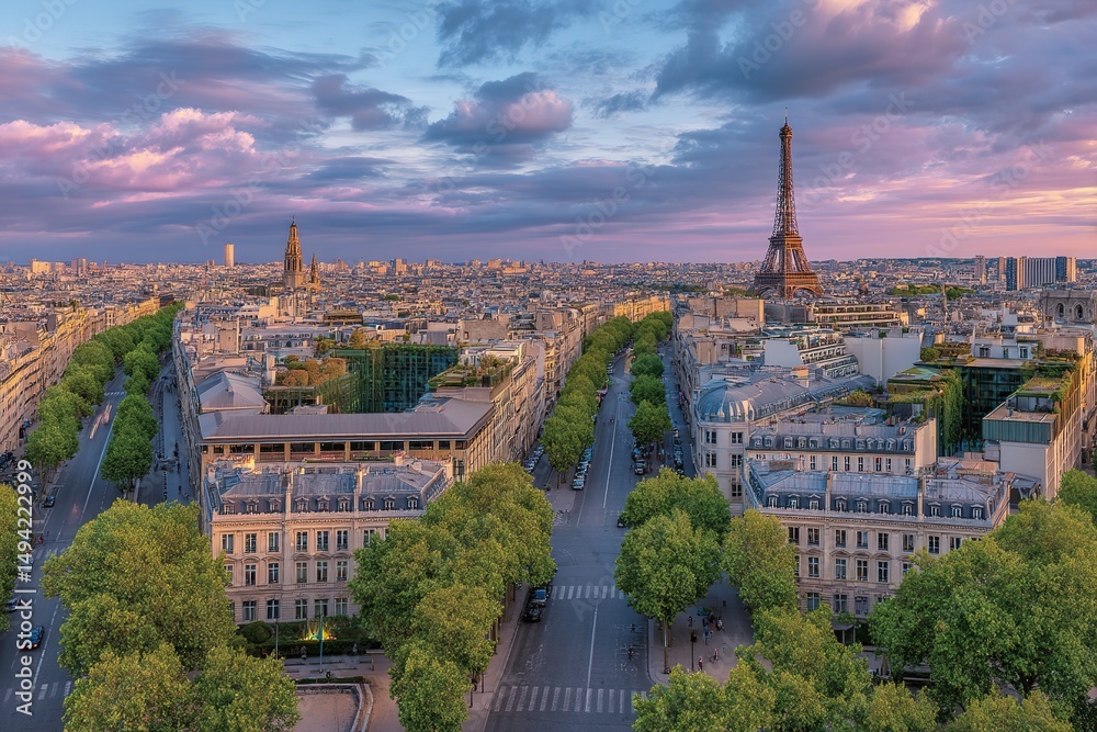 Fototapeta premium Paris Skyline Sunset Panorama View