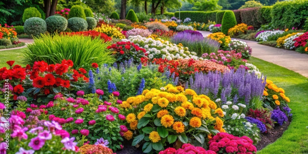 Fototapeta premium Vibrant colorful blooms surround lush greenery in a beautifully designed flower bed , garden design, colorful flowers