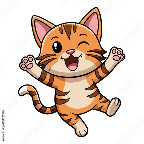 A happy tabby kitten with its mouth open and paws in the air appears to be leaping a white background