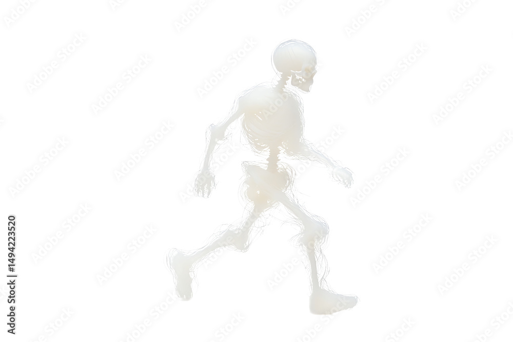Fototapeta premium A human skeleton is depicted walking with one leg forward and an arm swinging.