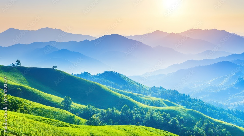 Fototapeta premium Sunrise over rolling green hills, misty mountains, peaceful landscape, travel postcard