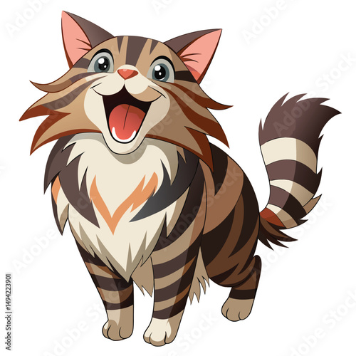A happy tabby kitten with its mouth open and paws in the air appears to be leaping a white background