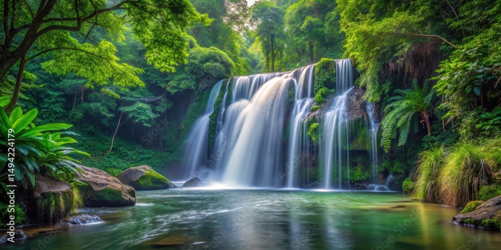 Obraz premium waterfall flowing through dense foliage in a serene natural setting, water feature, peaceful scene