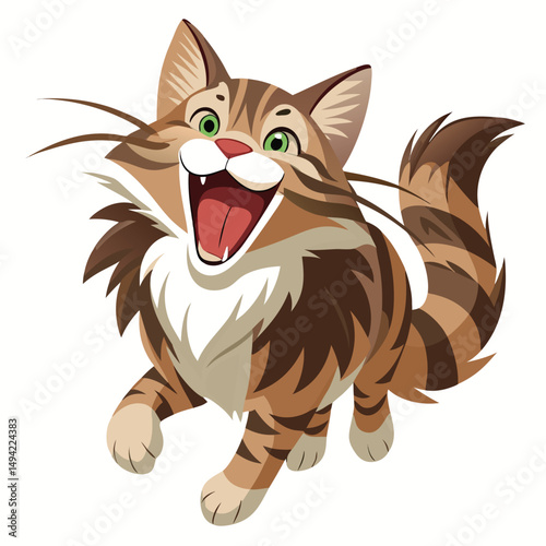 A happy tabby kitten with its mouth open and paws in the air appears to be leaping a white background