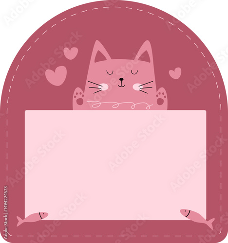 Kawai cat nametag label frame for school, kids, stationery label. Kitty, adorable, animal, pet illustration. Vector isolated.