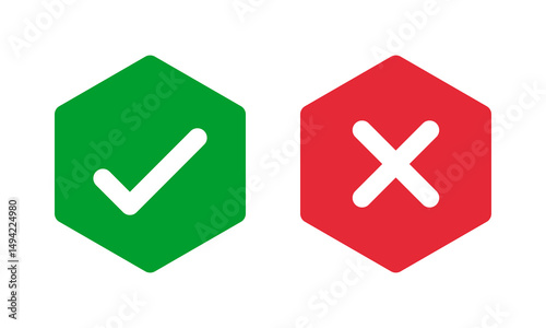 green check and red cross symbols, octagonal solid signs