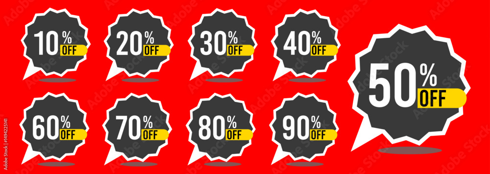 Fototapeta premium 10% off 20% off 30% off 40% off 50% off 60% off 70% off 80% off 90% off ten twenty thirty forty fifty sixty seventy eighty ninety percent off, retail discount, promotion, sale, percentage, set. 