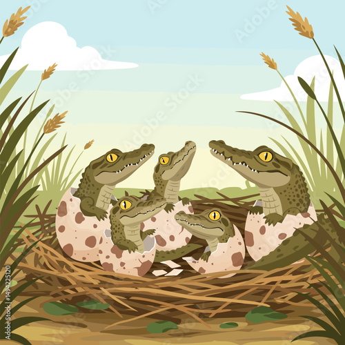 Baby Crocodiles Hatching From Eggs in Nest Amidst Tall Grass