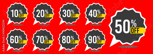 10% off 20% off 30% off 40% off 50% off 60% off 70% off 80% off 90% off ten twenty thirty forty fifty sixty seventy eighty ninety percent off, retail discount, promotion, sale, percentage, set.	