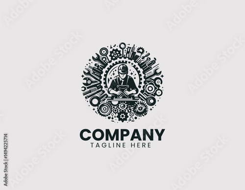 Focused Mechanic Carefully Working on Intricate Machine Mechanism Vector Logo Design