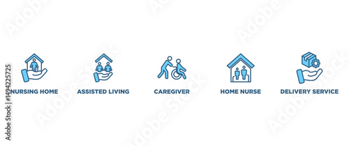 Elderly care banner web icon vector illustration concept for elder people support with an icon of caregiver, nursing home, assisted living, home nurse and delivery service