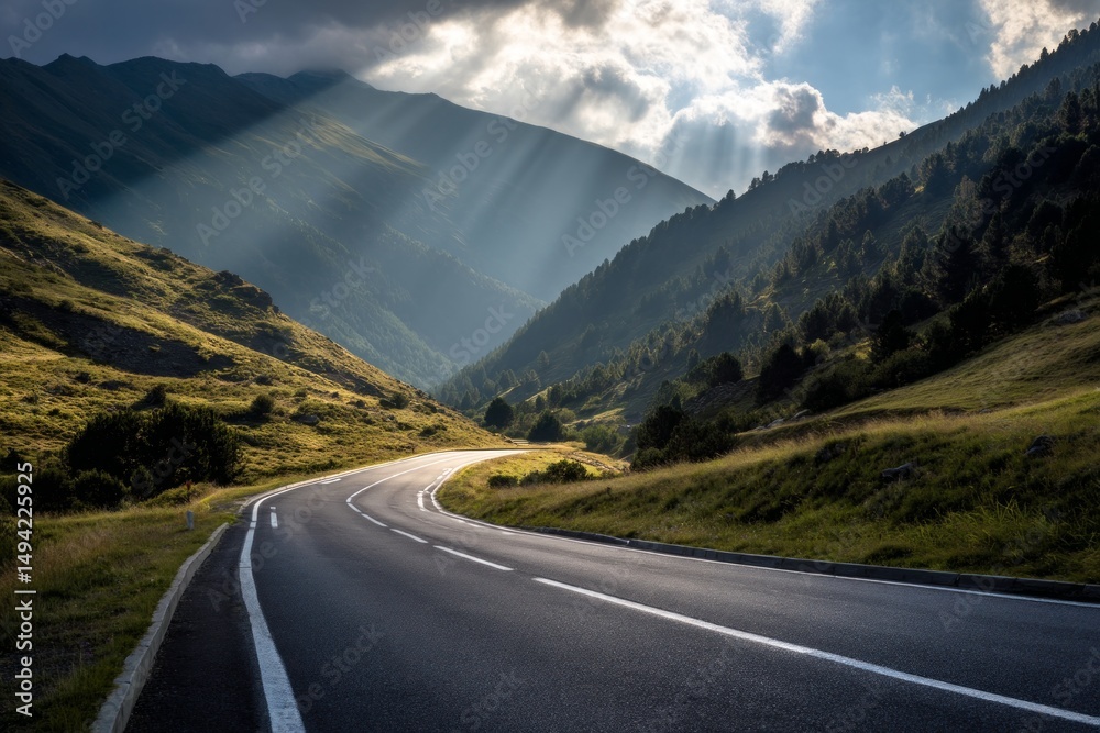 Naklejka premium Asphalt Road Winding Through Lush Green Mountains Under Sunlit Sky