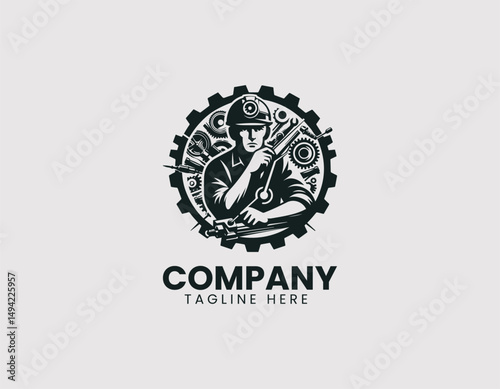 Focused Mechanic Carefully Working on Intricate Machine Mechanism Vector Logo Design