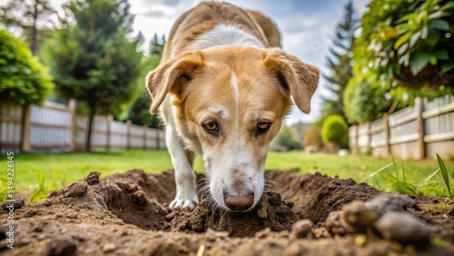 messy dog digging holes in backyard with muddy nose and dirt on fur, dog in yard, dog digs