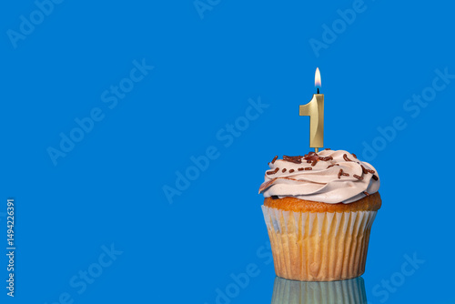 Birthday Or Anniversary Cupcake with Lit Candle; Number 1 Candle.