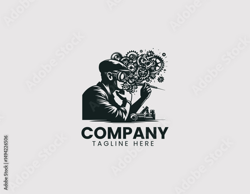 Focused Mechanic Carefully Working on Intricate Machine Mechanism Vector Logo Design